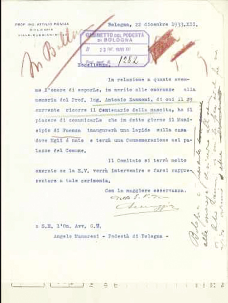 Letter from Attilio Muggia about the centenary of Zannoni's birth - Historical Archives of the City of Bologna